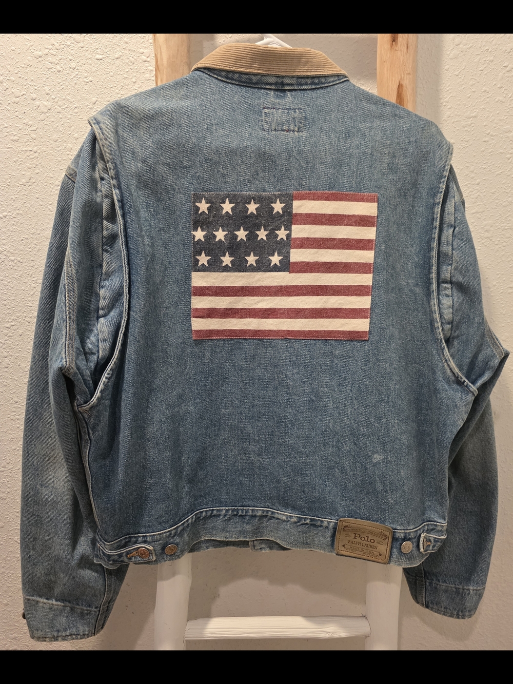VTG 80s Polo Ralph Lauren USA Flag Denim Jacket Made USA Corduroy Collar Size L